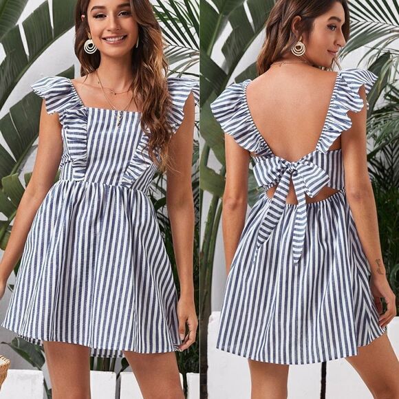 Shein Blue White Ruffle Trim Tie Backless Striped Dress Medium New - Picture 1 of 6
